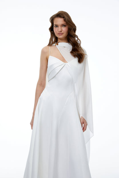 Camille White Sleeveless Maxi Dress with Draped Cape