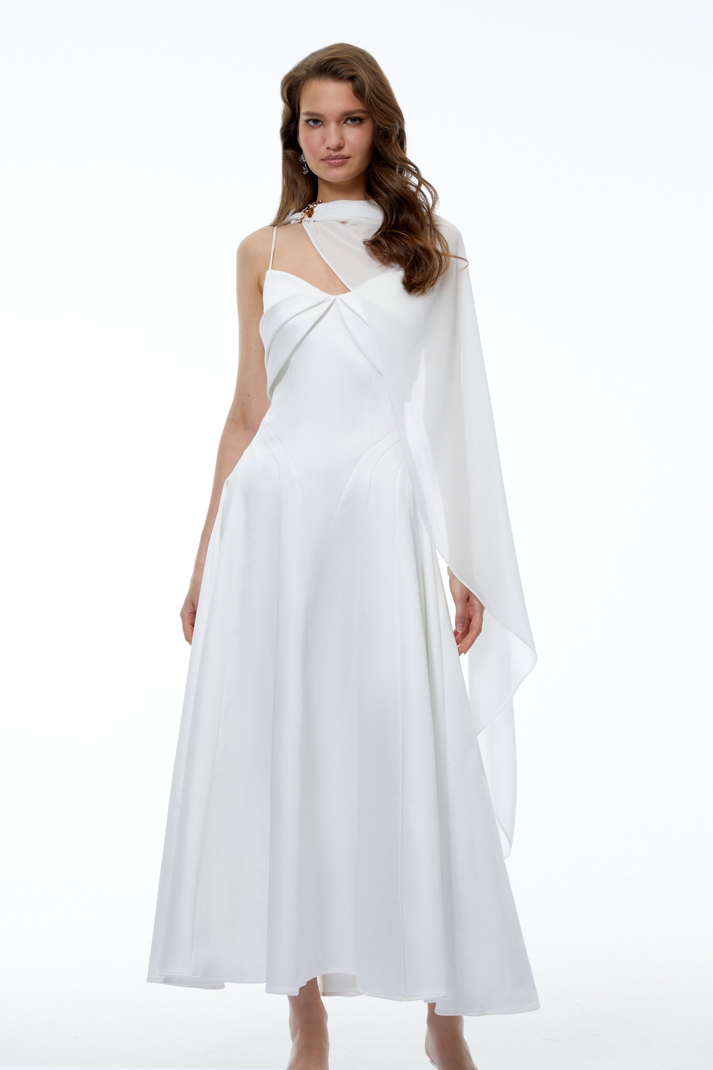 Camille White Sleeveless Maxi Dress with Draped Cape