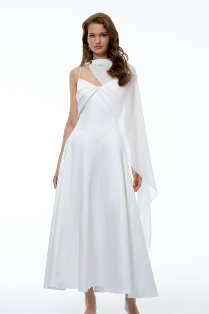 Camille White Sleeveless Maxi Dress with Draped Cape