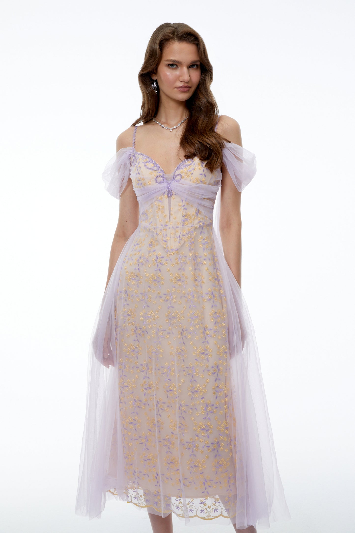 Camille Purple Off Shoulder Floral Embroidered Midi Dress