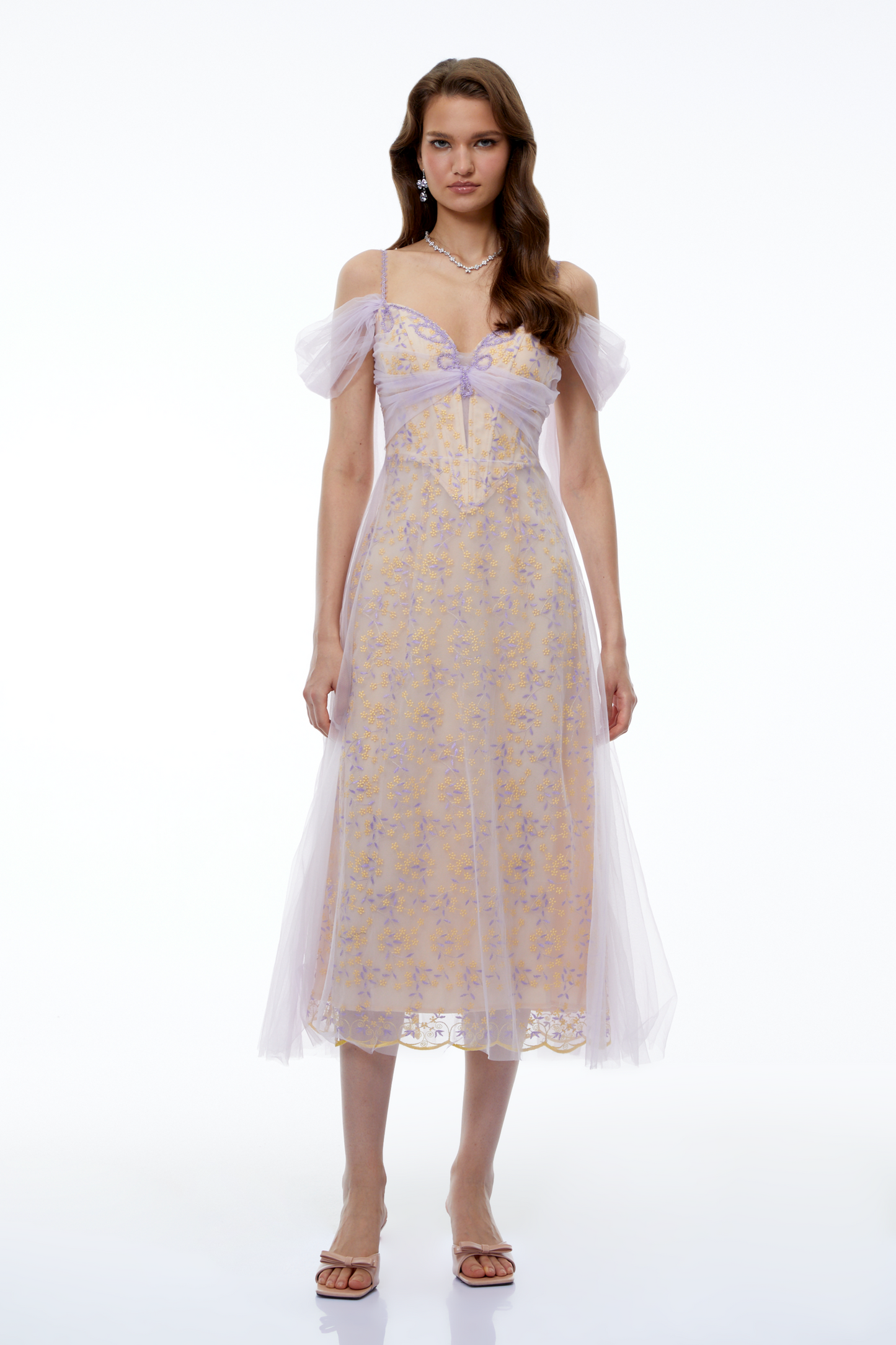 Camille Purple Off Shoulder Floral Embroidered Midi Dress