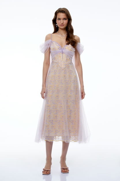 Camille Purple Off Shoulder Floral Embroidered Midi Dress