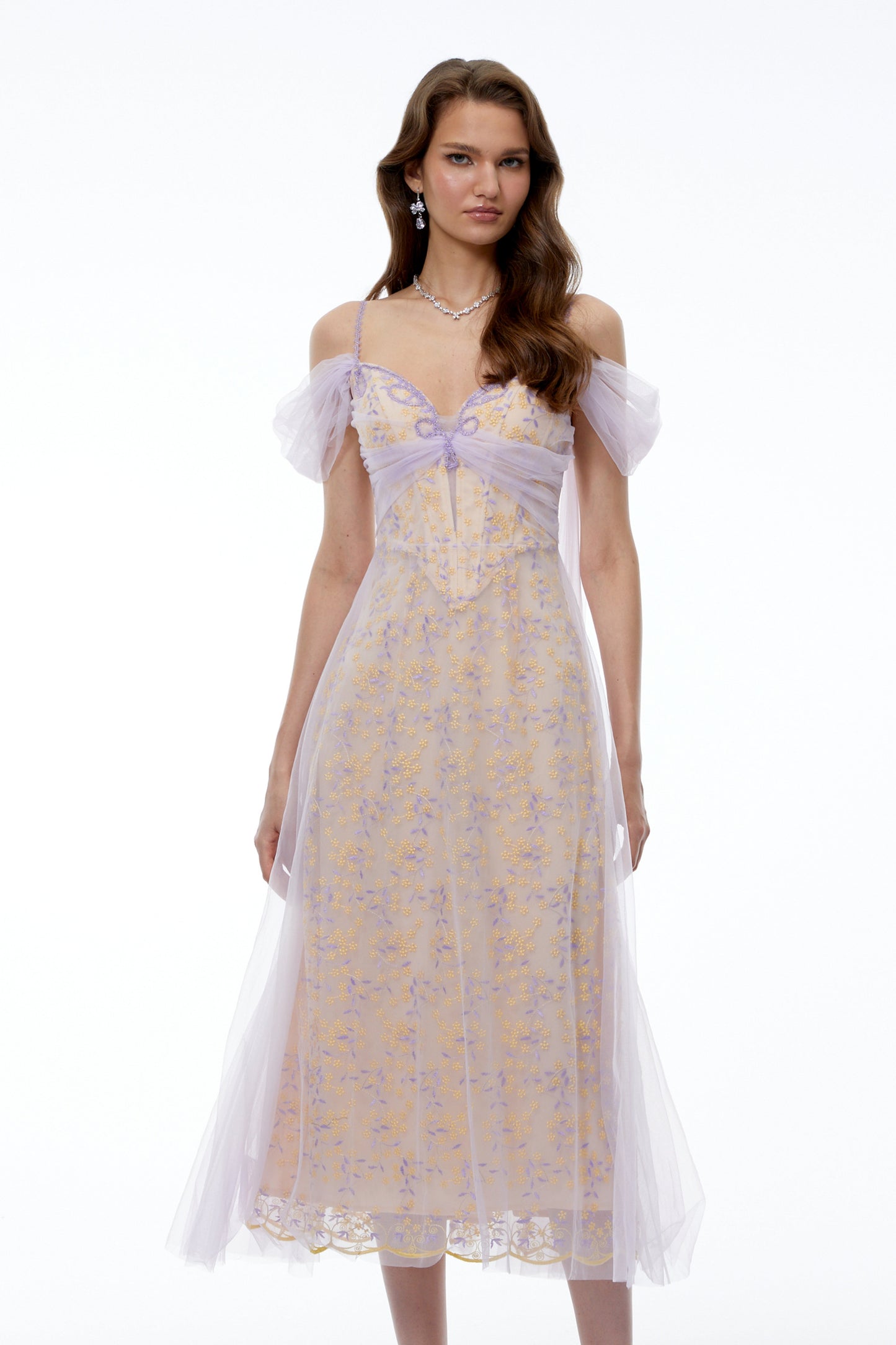 Camille Purple Off Shoulder Floral Embroidered Midi Dress