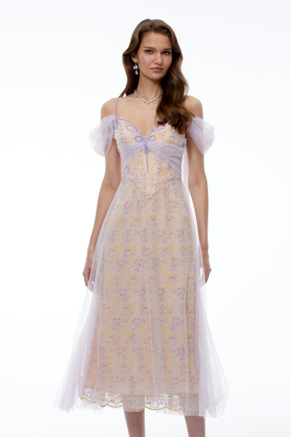 Camille Purple Off Shoulder Floral Embroidered Midi Dress