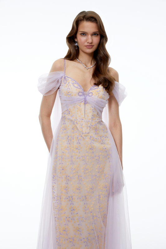Camille Purple Off Shoulder Floral Embroidered Midi Dress