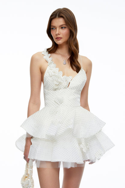 Capucine Neutral Polka Dot Floral Ruffled Mini Dress