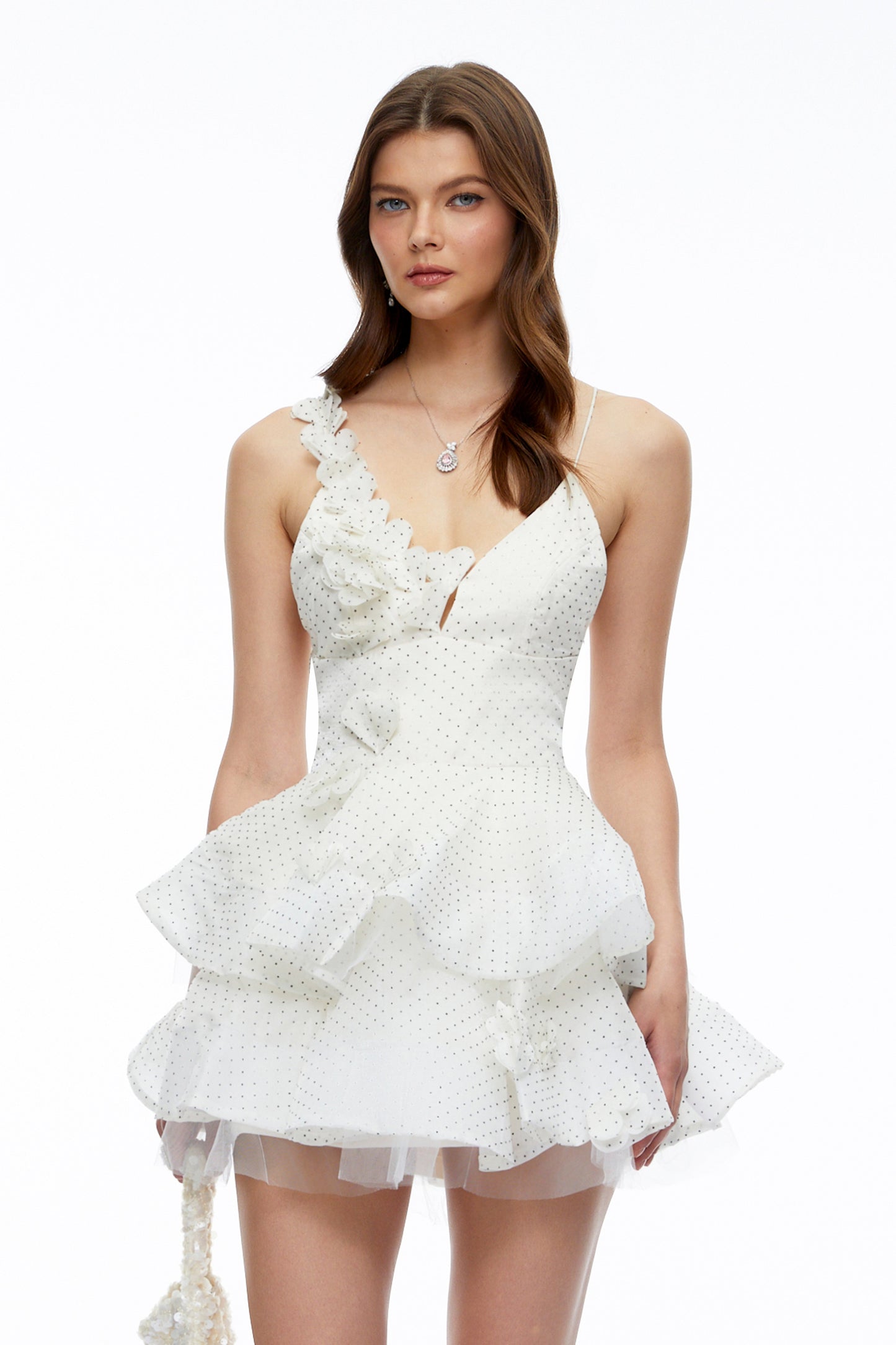 Capucine Neutral Polka Dot Floral Ruffled Mini Dress