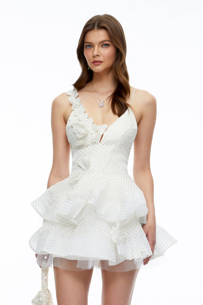 Capucine Neutral Polka Dot Floral Ruffled Mini Dress
