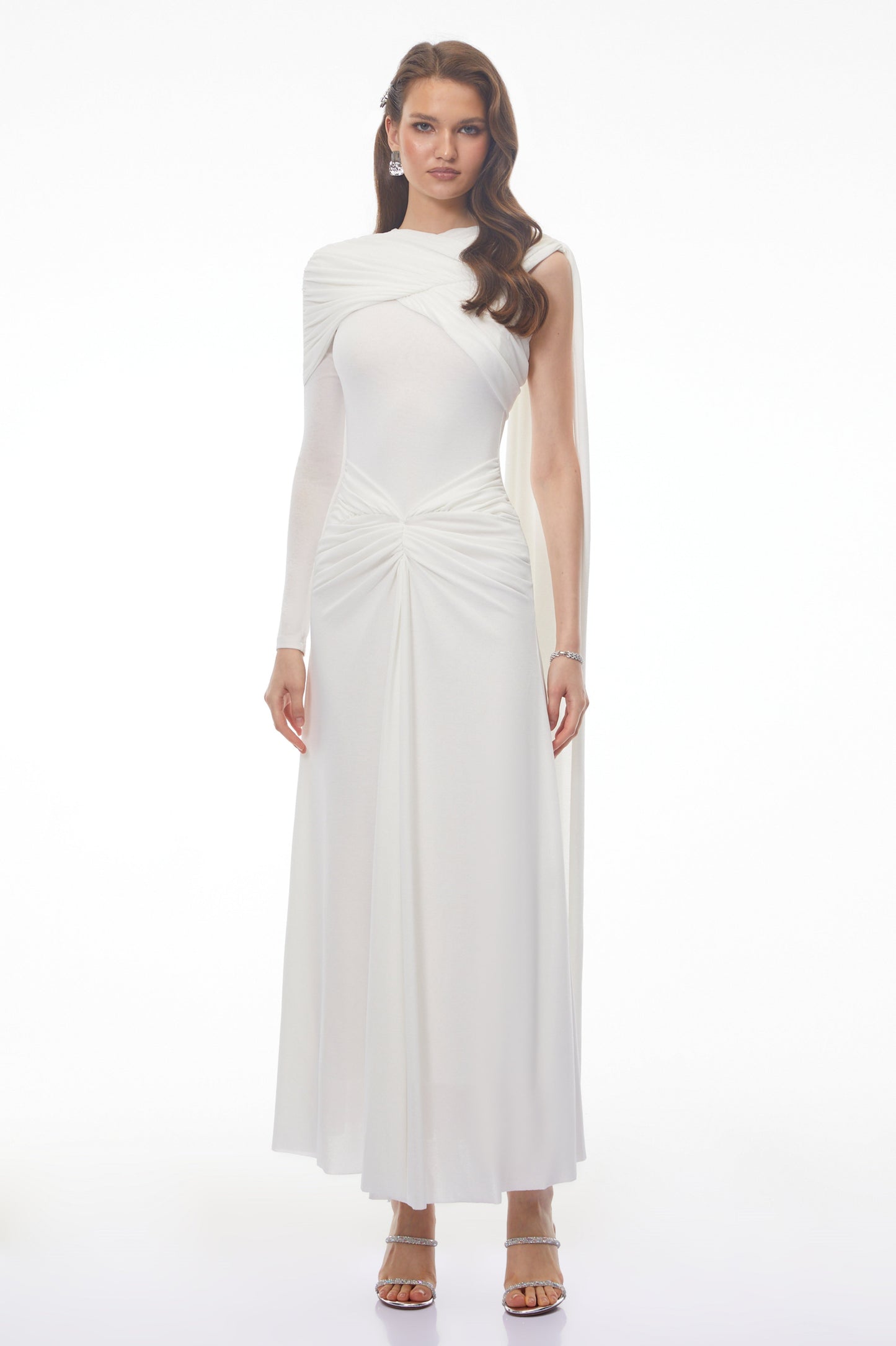 Carina White Asymmetrical Maxi Dress with Cape Sleeves