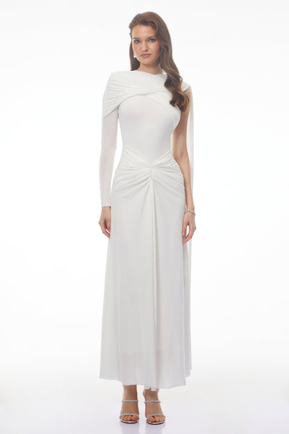 Carina White Asymmetrical Maxi Dress with Cape Sleeves