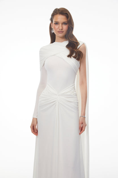 Carina White Asymmetrical Maxi Dress with Cape Sleeves