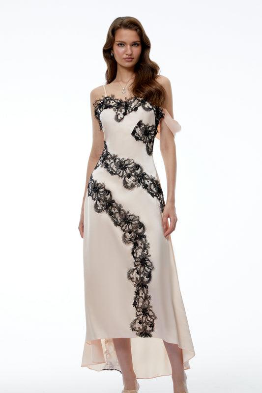 Carl Cream White Asymmetrical Midi Dress with Lace Panels