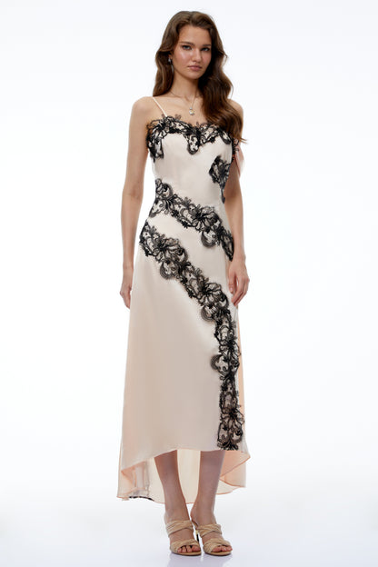 Carl Cream White Asymmetrical Midi Dress with Lace Panels