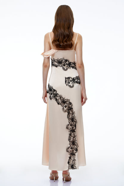 Carl Cream White Asymmetrical Midi Dress with Lace Panels