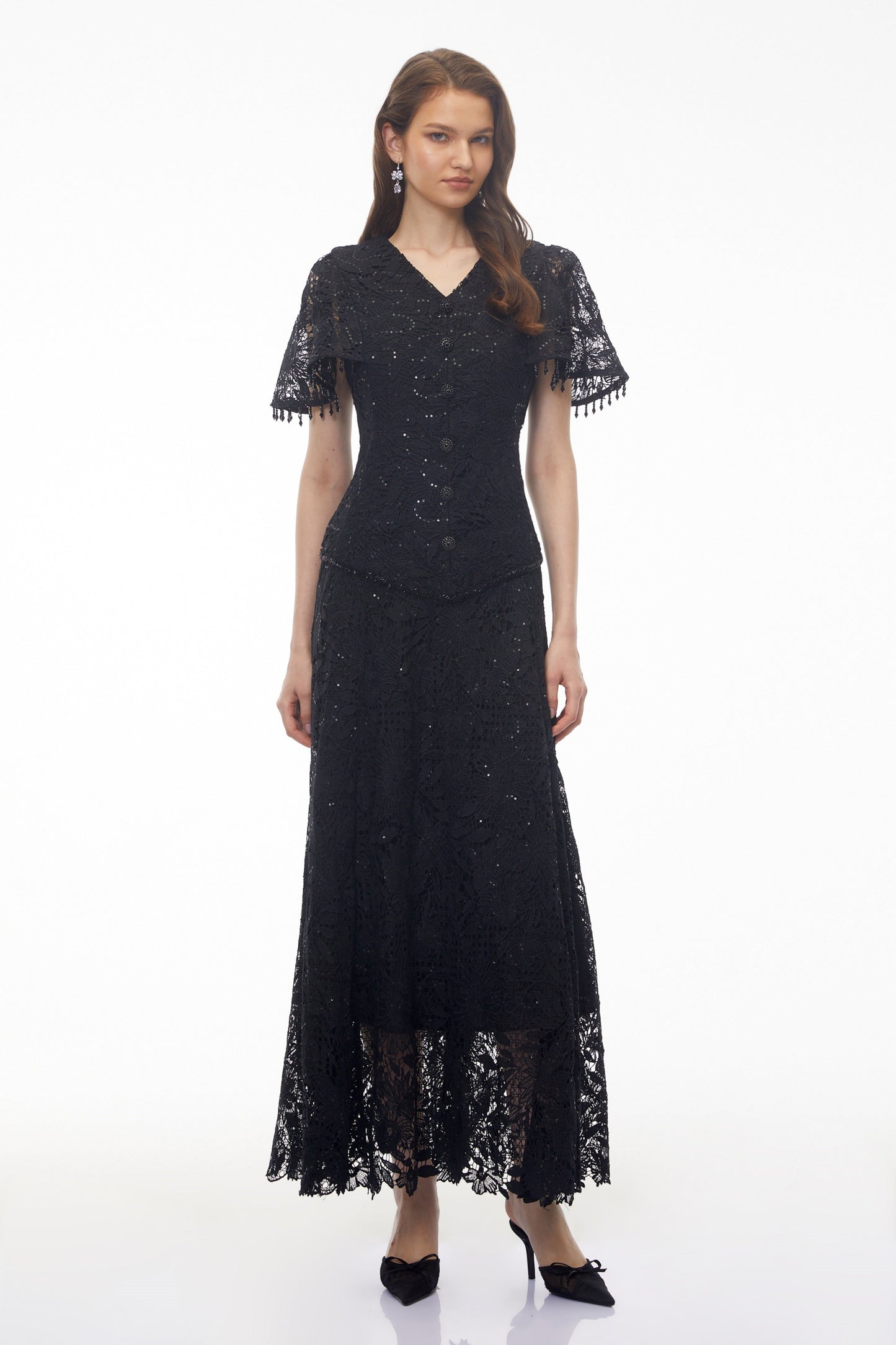 Carlota Black Sequin Floral Lace Maxi Dress