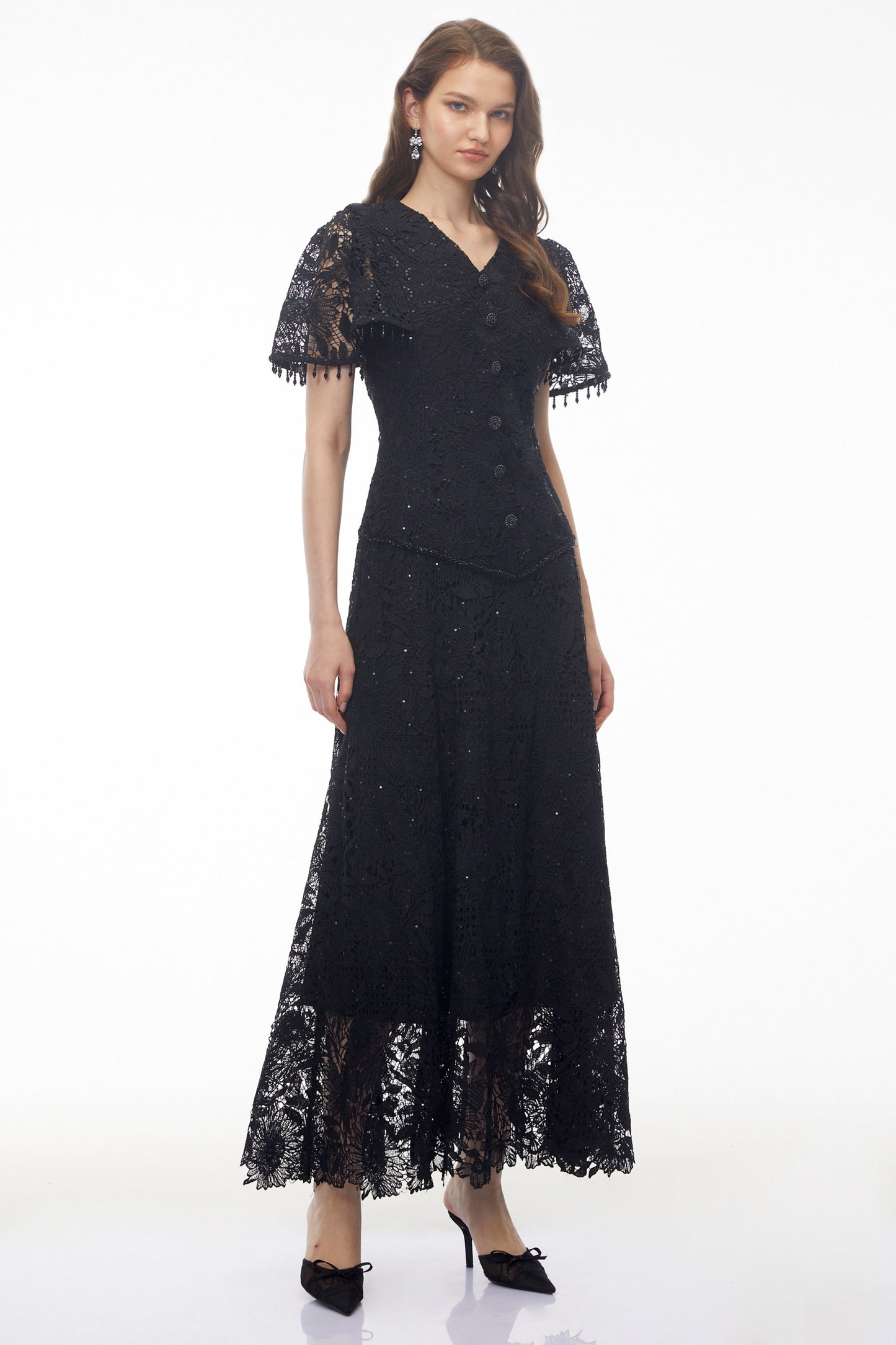 Carlota Black Sequin Floral Lace Maxi Dress