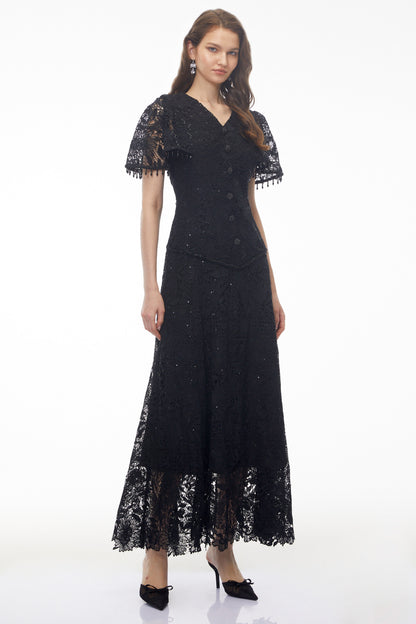 Carlota Black Sequin Floral Lace Maxi Dress