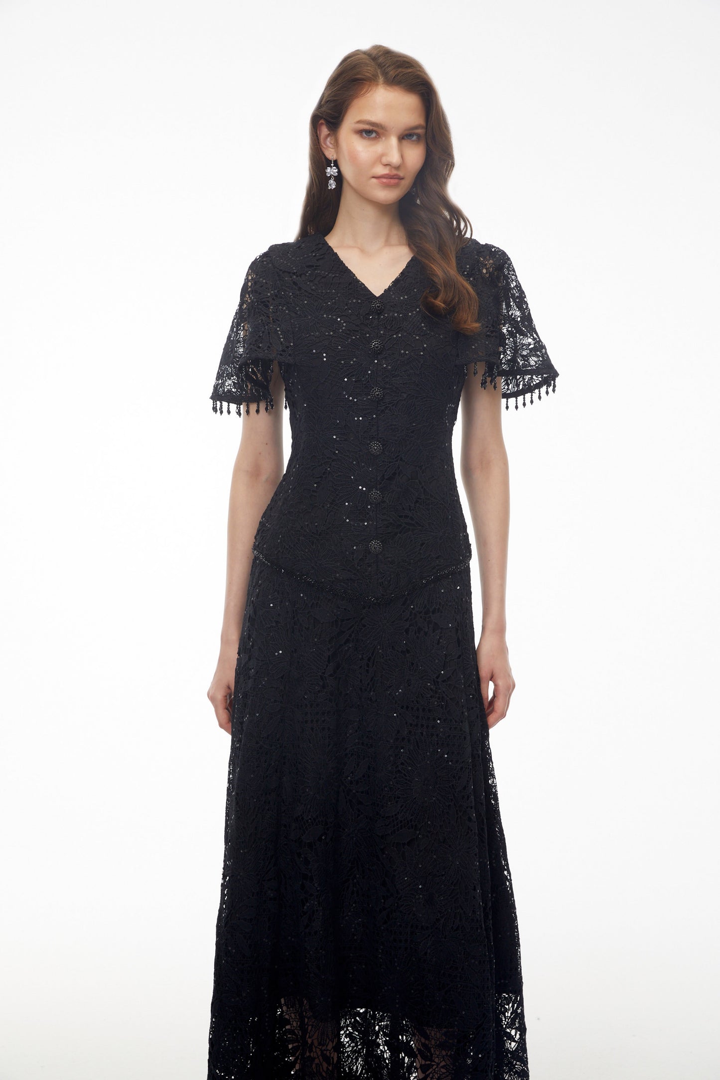 Carlota Black Sequin Floral Lace Maxi Dress