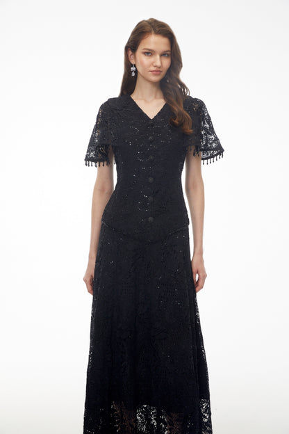 Carlota Black Sequin Floral Lace Maxi Dress