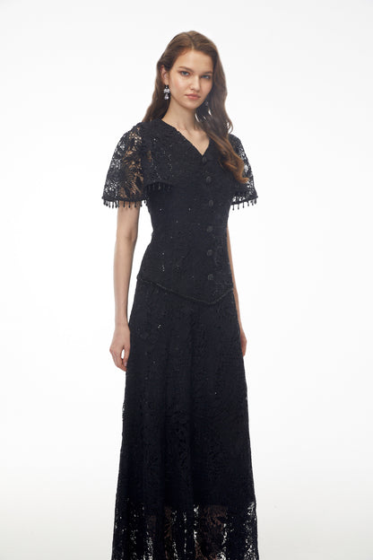 Carlota Black Sequin Floral Lace Maxi Dress