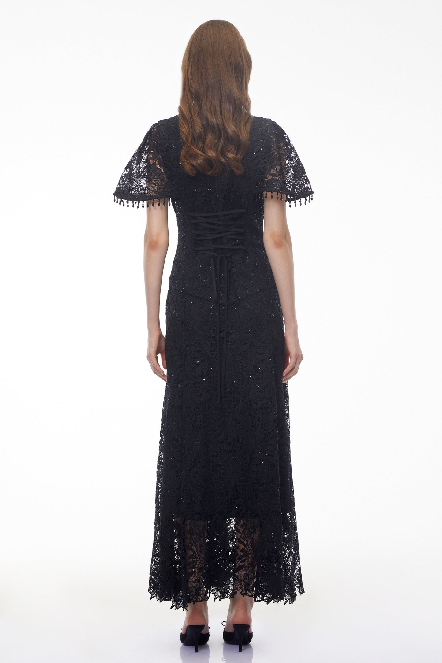 Carlota Black Sequin Floral Lace Maxi Dress