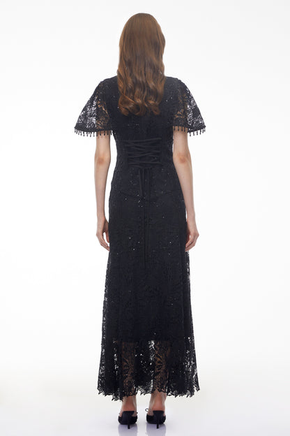 Carlota Black Sequin Floral Lace Maxi Dress