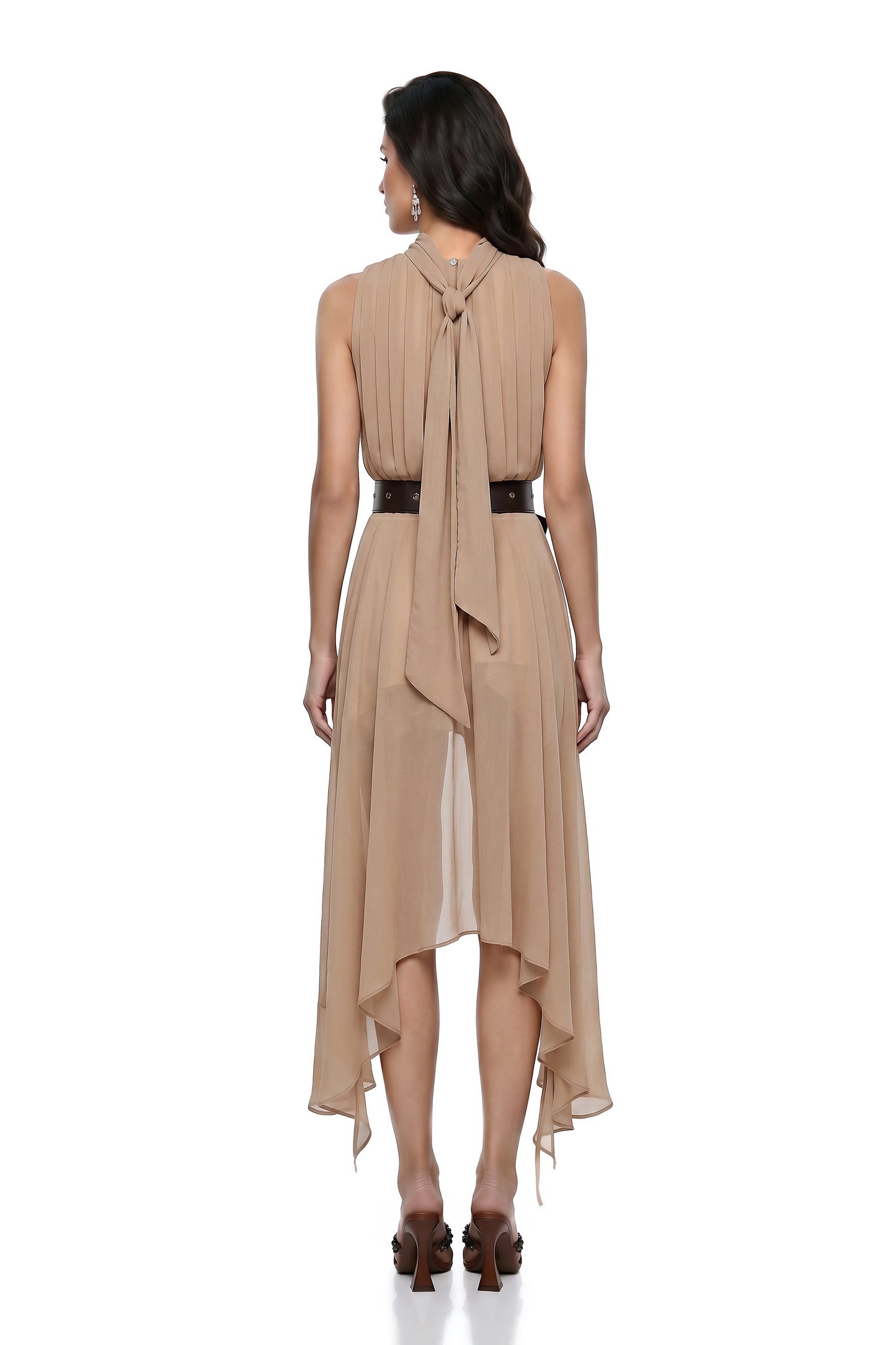 Caroline Khaki Asymmetrical Pleated Midi Dress with Belt