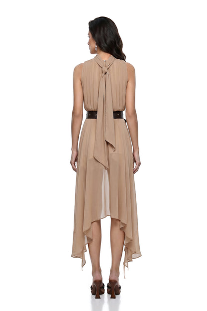 Caroline Khaki Asymmetrical Pleated Midi Dress with Belt