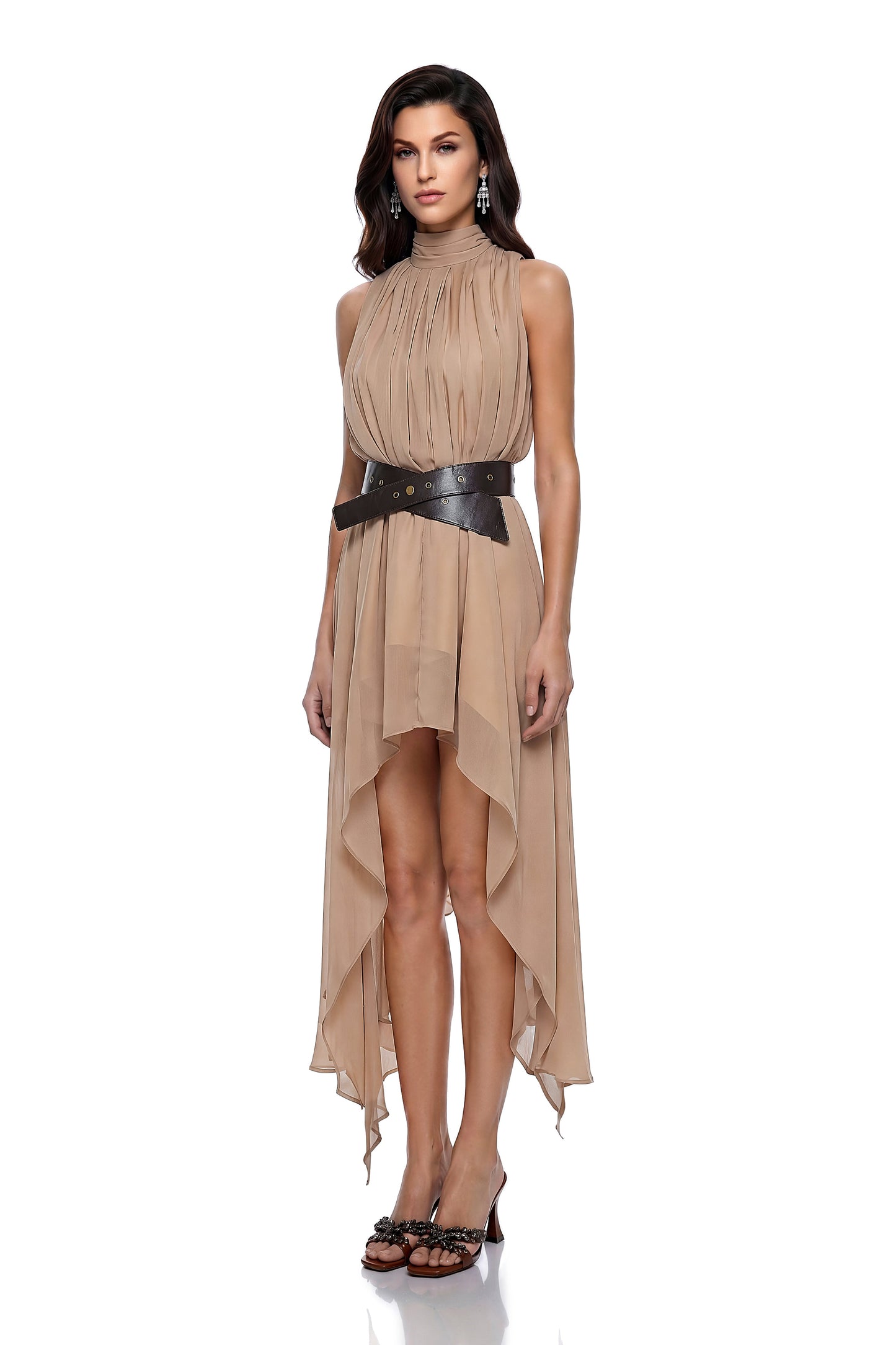 Caroline Khaki Asymmetrical Pleated Midi Dress with Belt