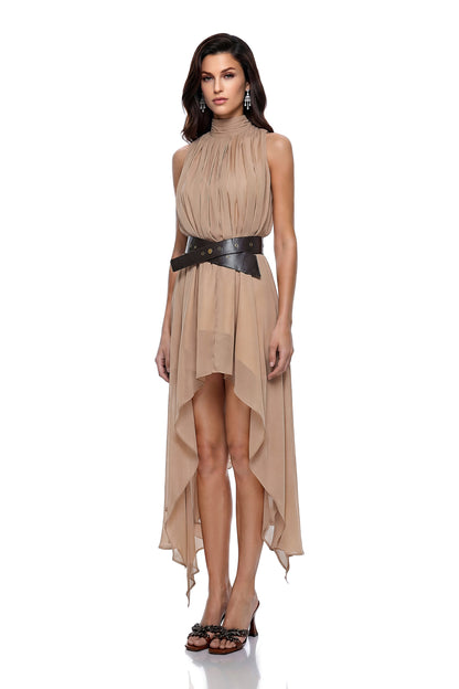 Caroline Khaki Asymmetrical Pleated Midi Dress with Belt
