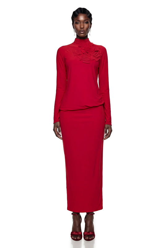 Caroline Red Maxi Dress with 3D Petals