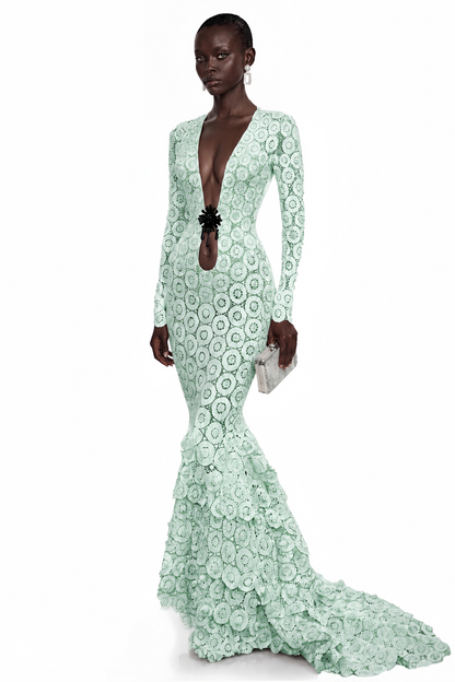 Cass Mint Green V-Neck Lace Bodycon Maxi Dress