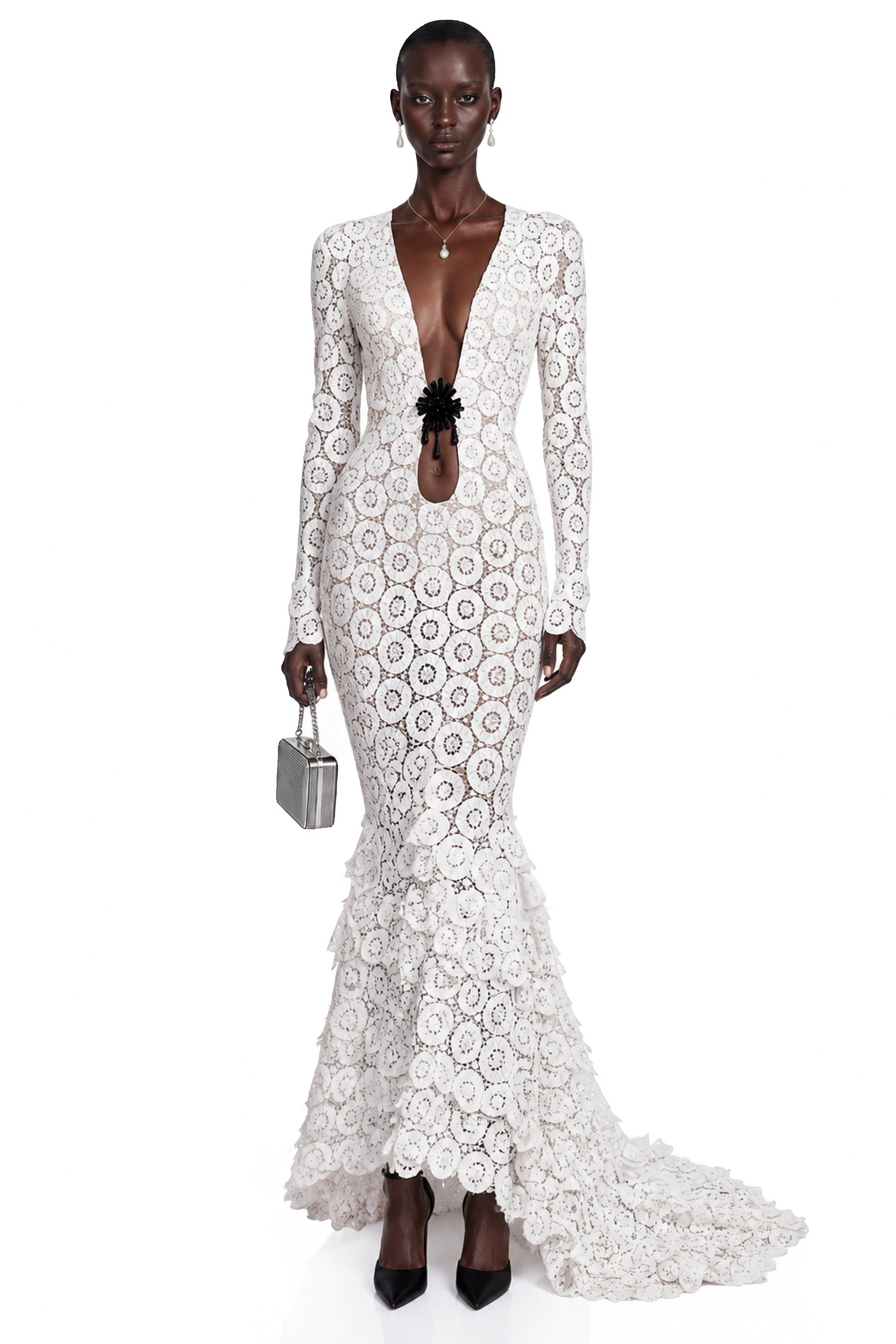 Cass White V-Neck Lace Bodycon Maxi Dress