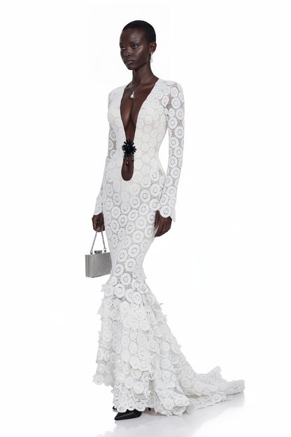 Cass White V-Neck Lace Bodycon Maxi Dress