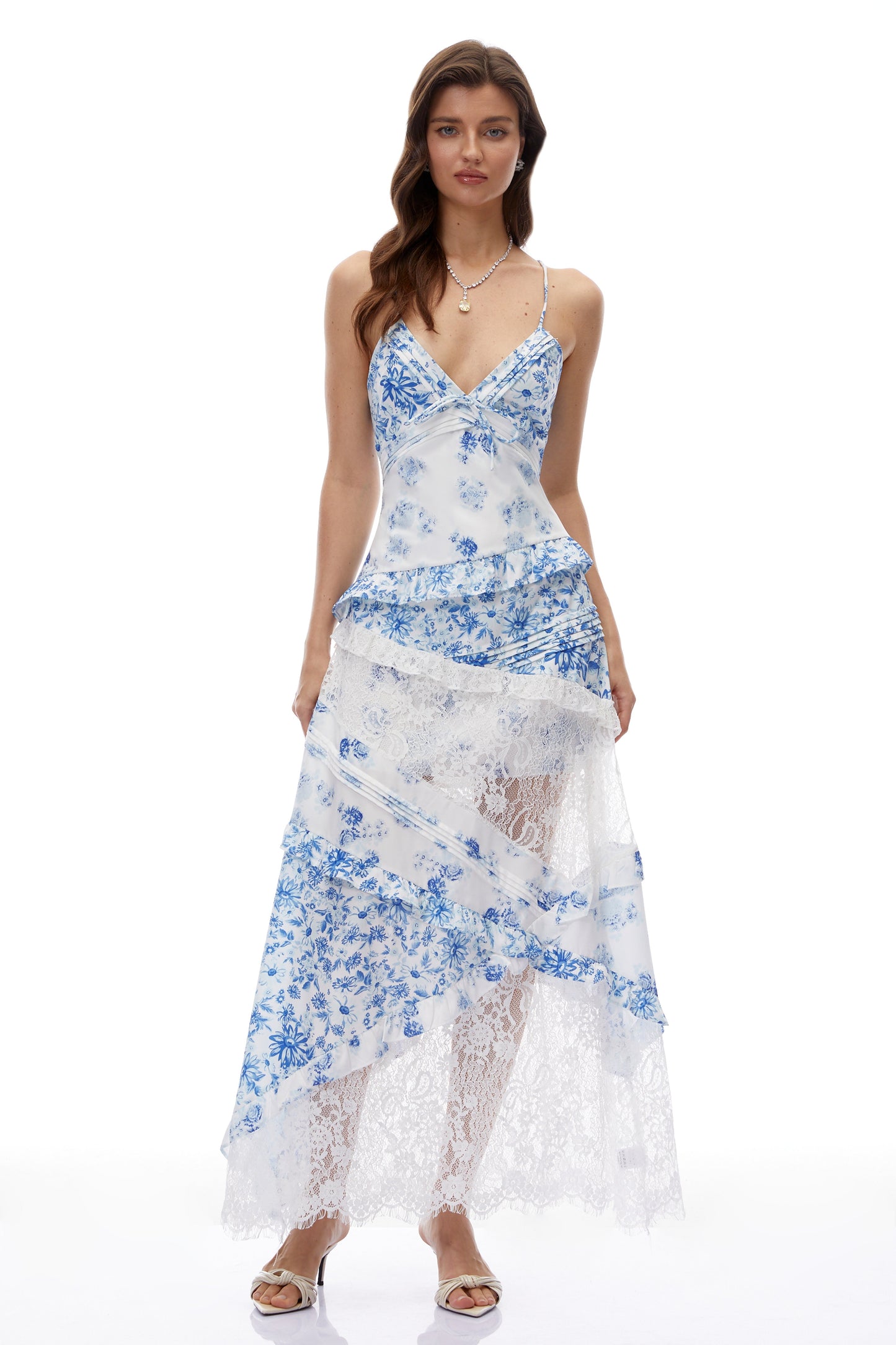 Cassandra Blue Floral Print Maxi Dress with Lace Panels