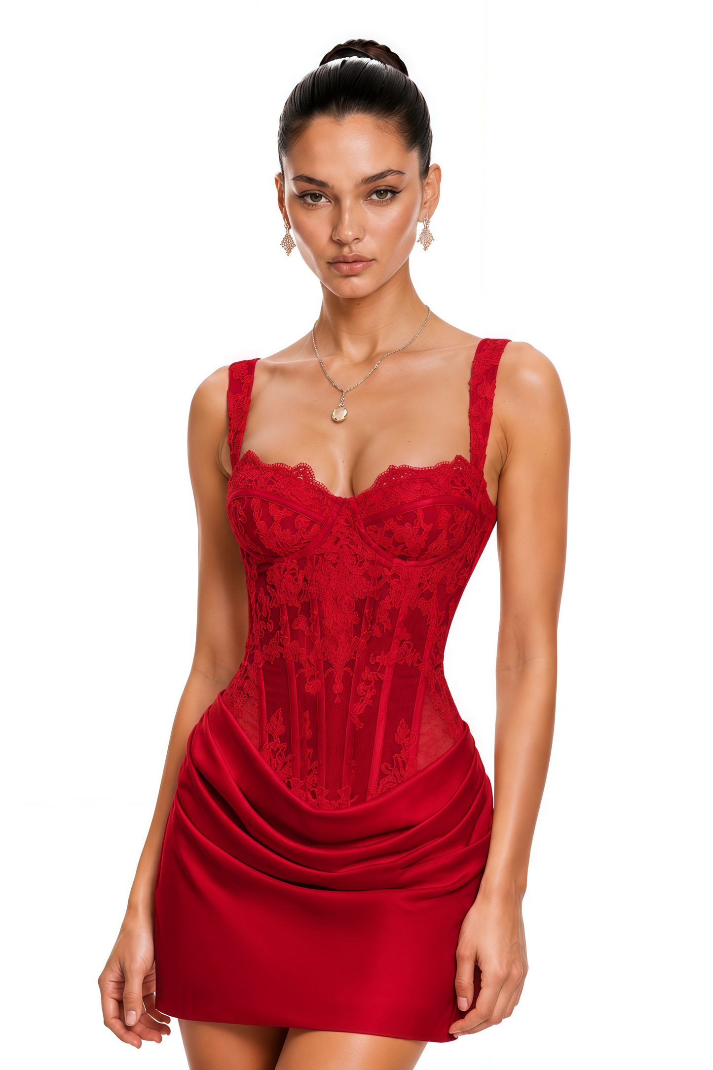 Cassandra Red Ruched Mini Dress with Lace Corset
