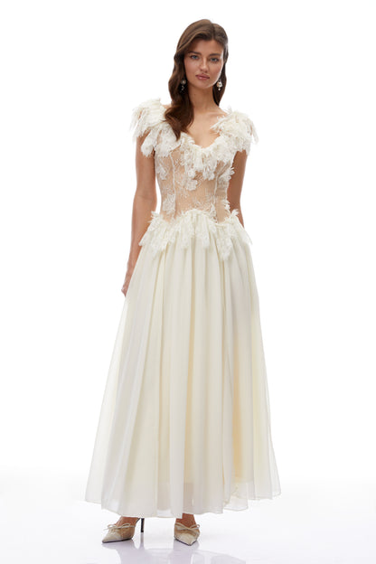 Cassandre Ivory V-Neck Ruffled Maxi Dress with Lace Trim