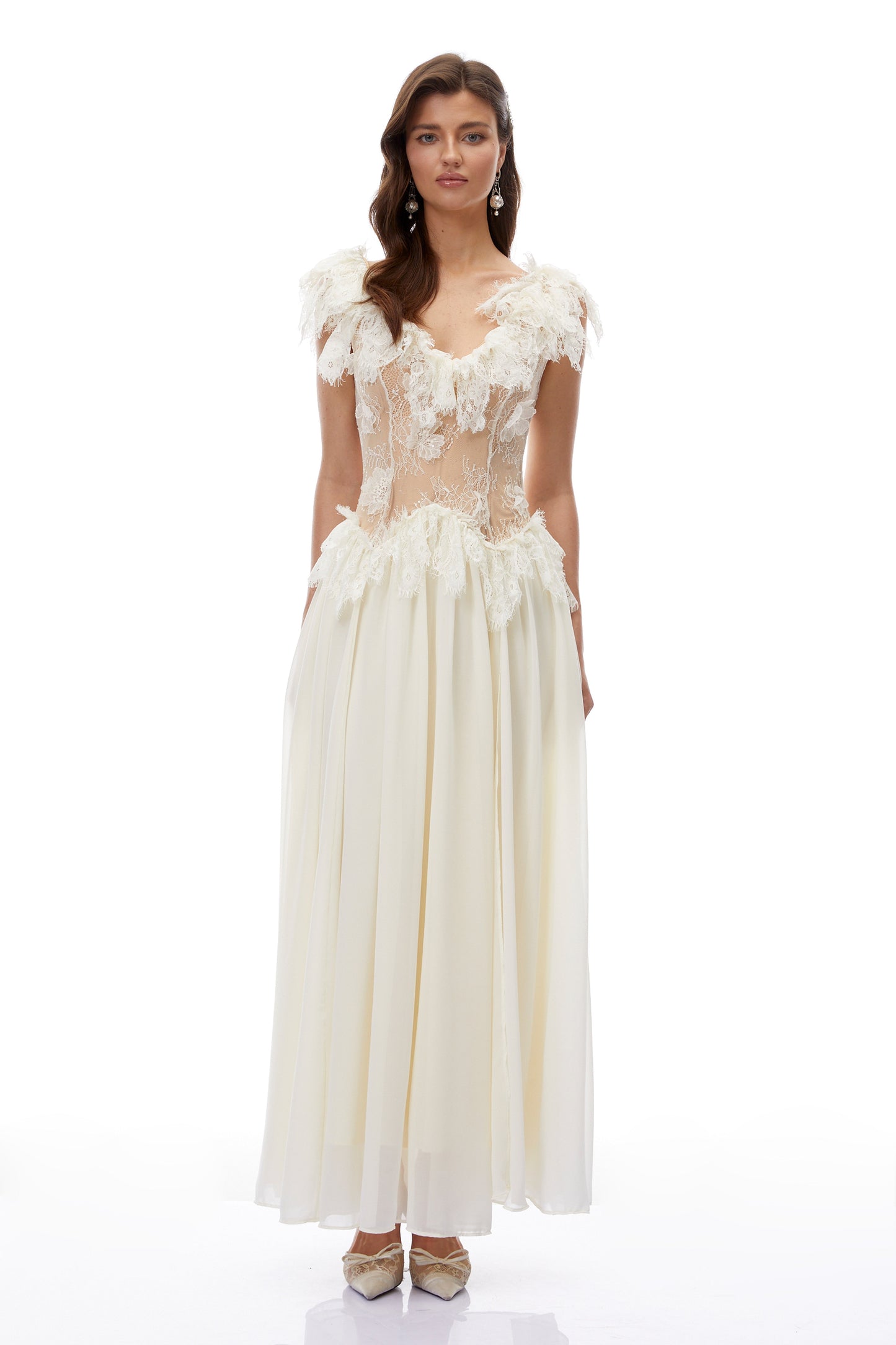 Cassandre Ivory V-Neck Ruffled Maxi Dress with Lace Trim