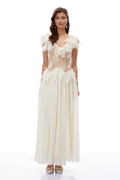 Cassandre Ivory V-Neck Ruffled Maxi Dress with Lace Trim