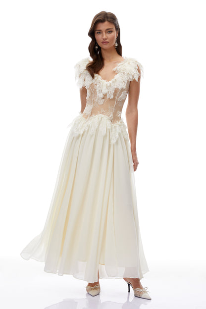 Cassandre Ivory V-Neck Ruffled Maxi Dress with Lace Trim