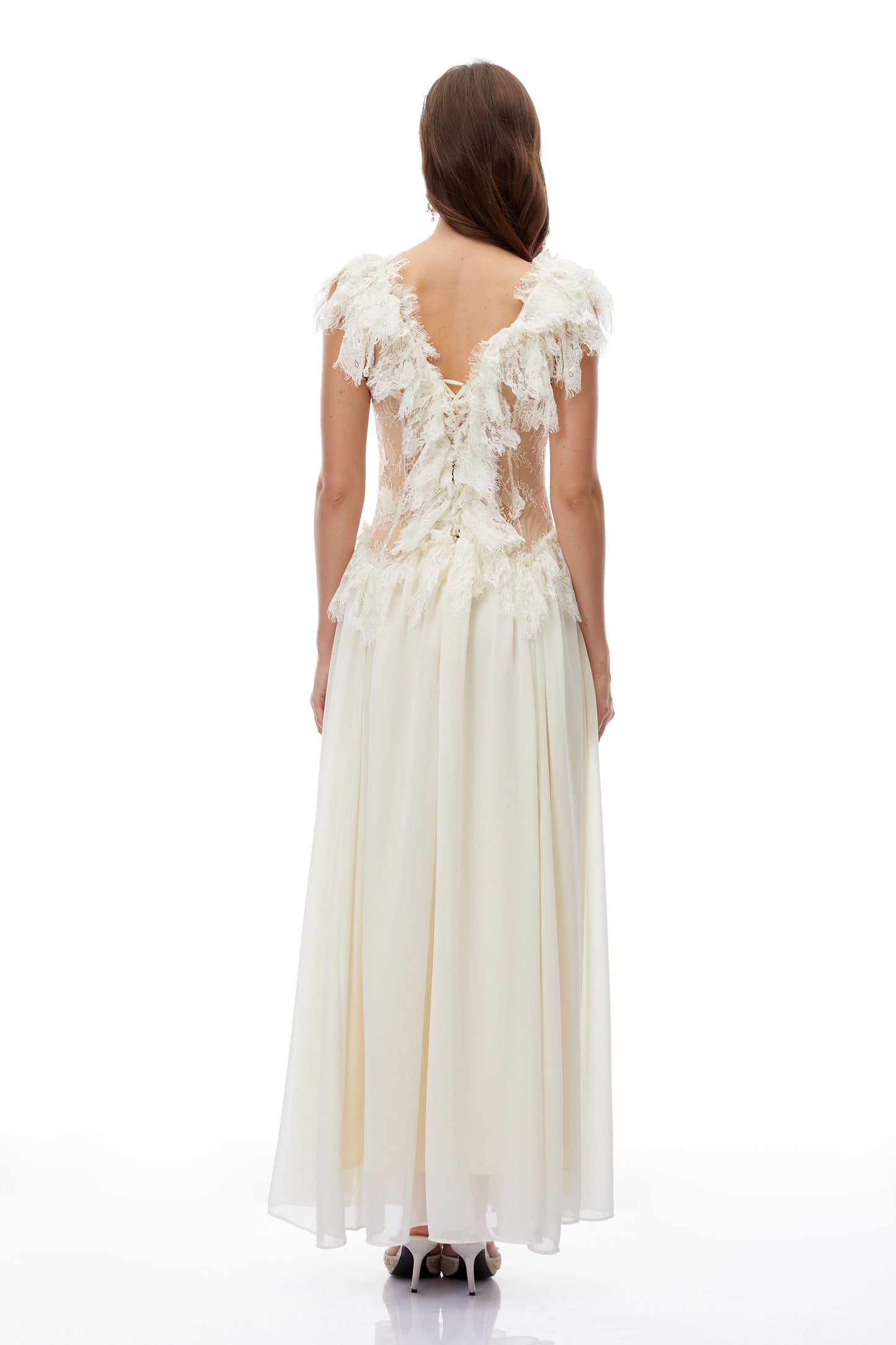 Cassandre Ivory V-Neck Ruffled Maxi Dress with Lace Trim
