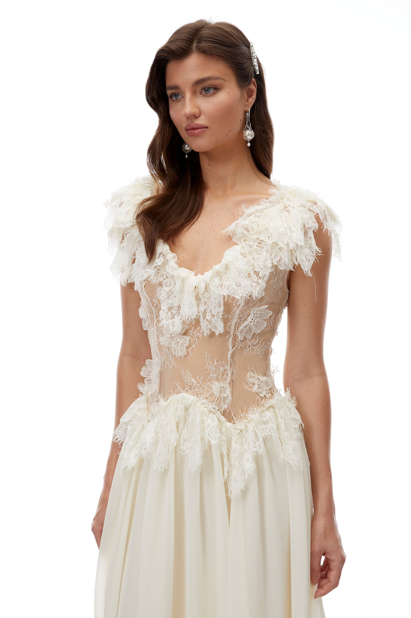 Cassandre Ivory V-Neck Ruffled Maxi Dress with Lace Trim