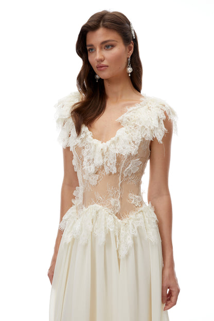 Cassandre Ivory V-Neck Ruffled Maxi Dress with Lace Trim