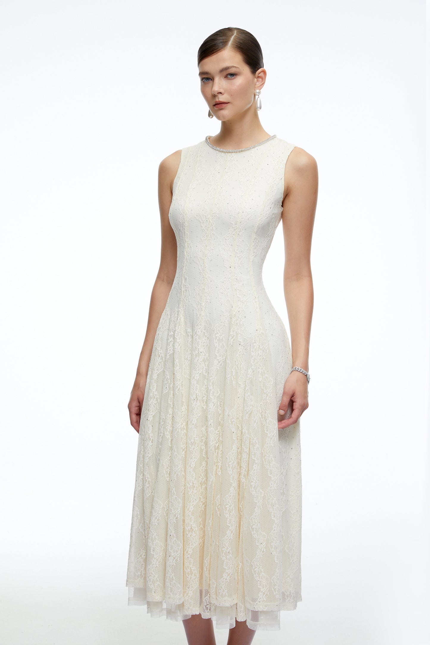 Cassia White Embroidered Midi Dress with Lace