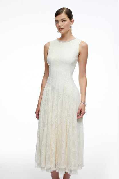 Cassia White Embroidered Midi Dress with Lace
