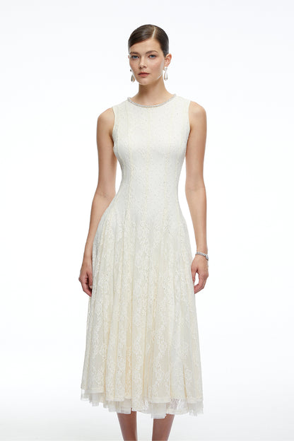 Cassia White Embroidered Midi Dress with Lace