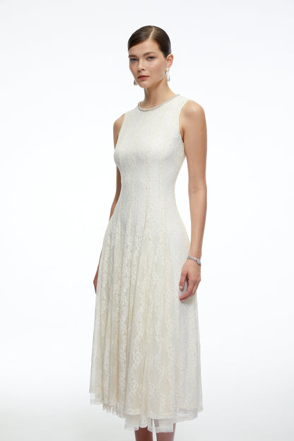 Cassia White Embroidered Midi Dress with Lace