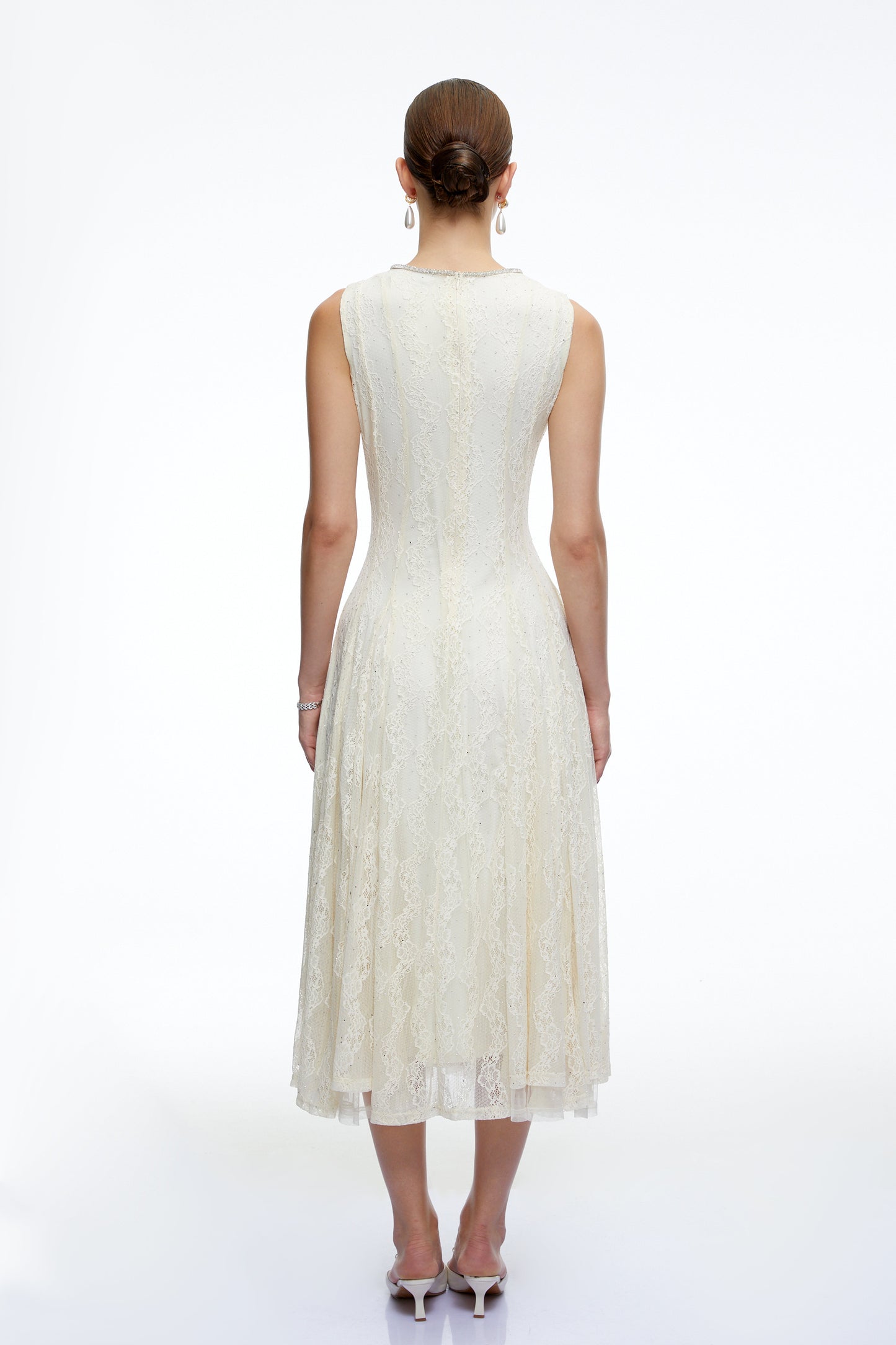 Cassia White Embroidered Midi Dress with Lace