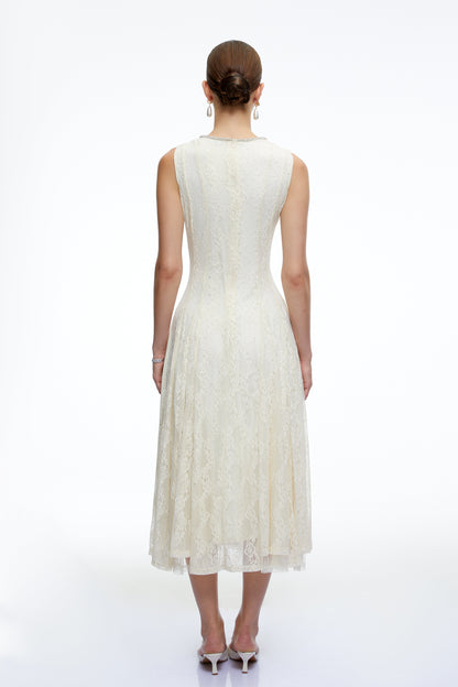 Cassia White Embroidered Midi Dress with Lace