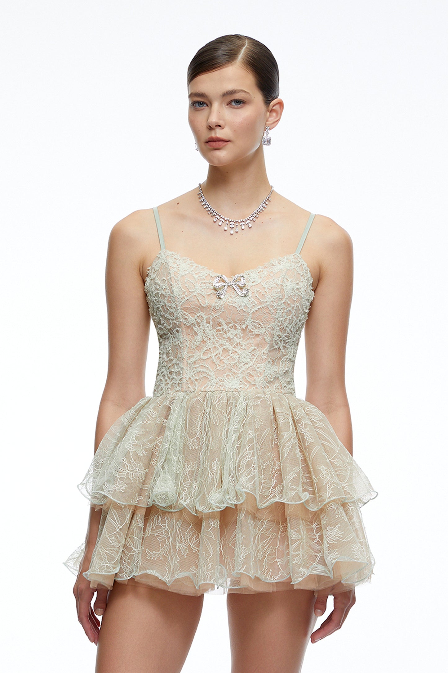 Cassidy Mint Green Lace Ruffled Embellished Mini Dress